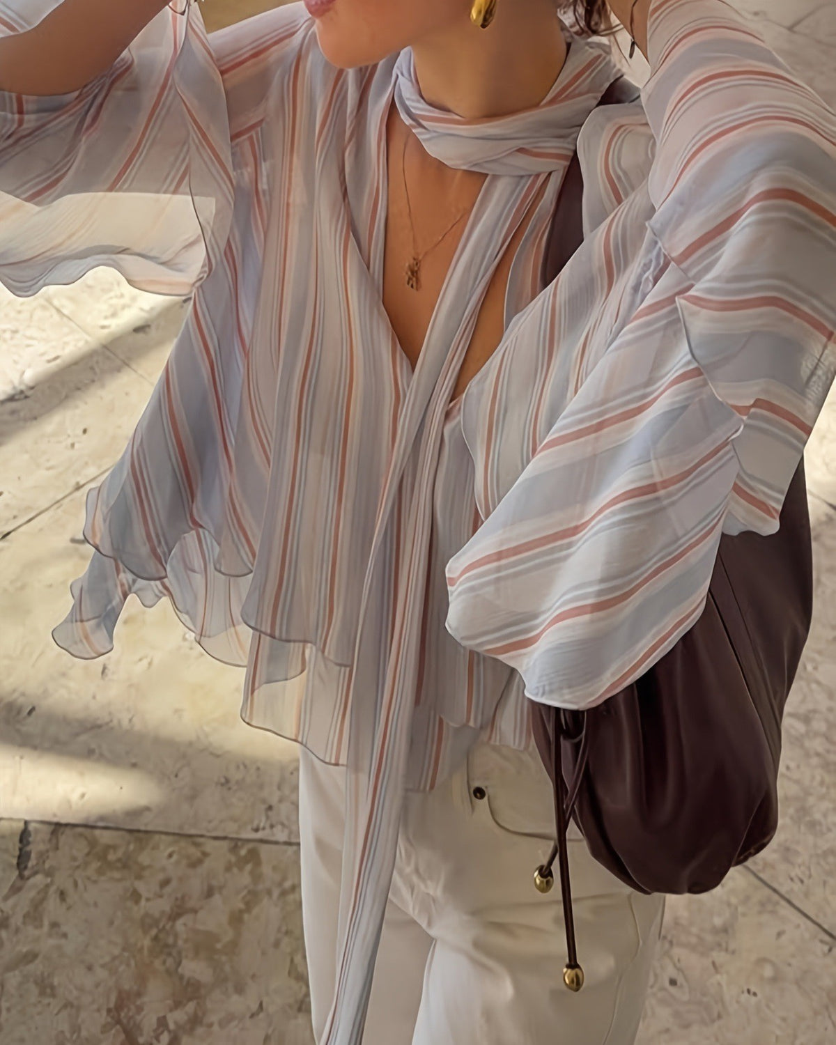 Sheer Stripe Chiffon Blouse With Neck Tie - Color - 1