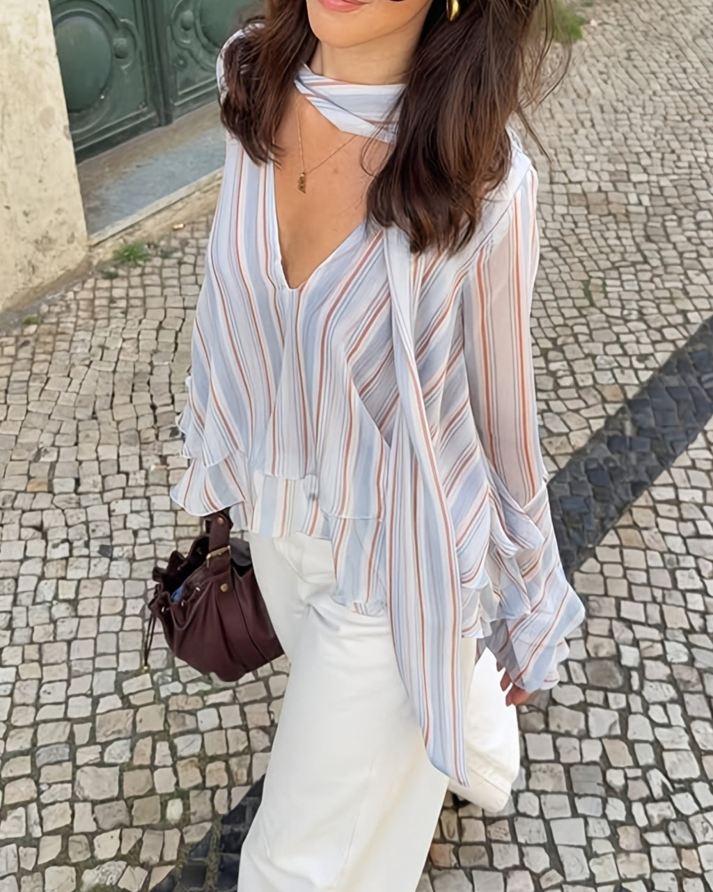 Sheer Stripe Chiffon Blouse With Neck Tie - Color - 2