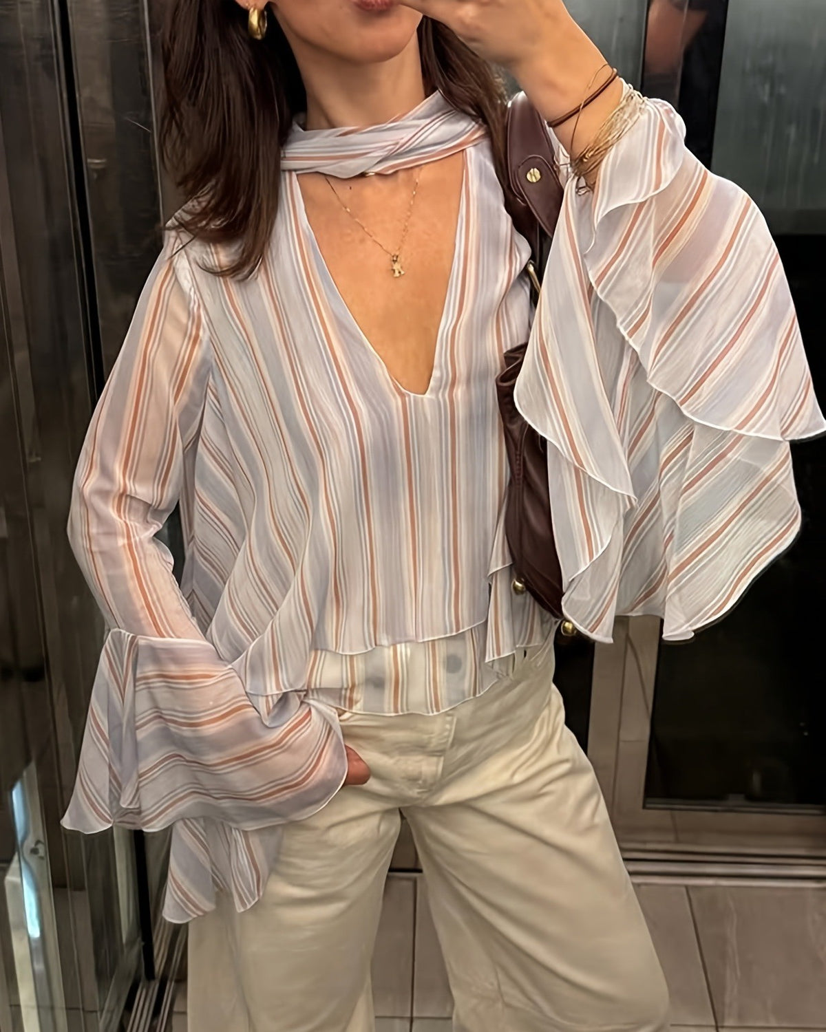 Sheer Stripe Chiffon Blouse With Neck Tie - Color - 3