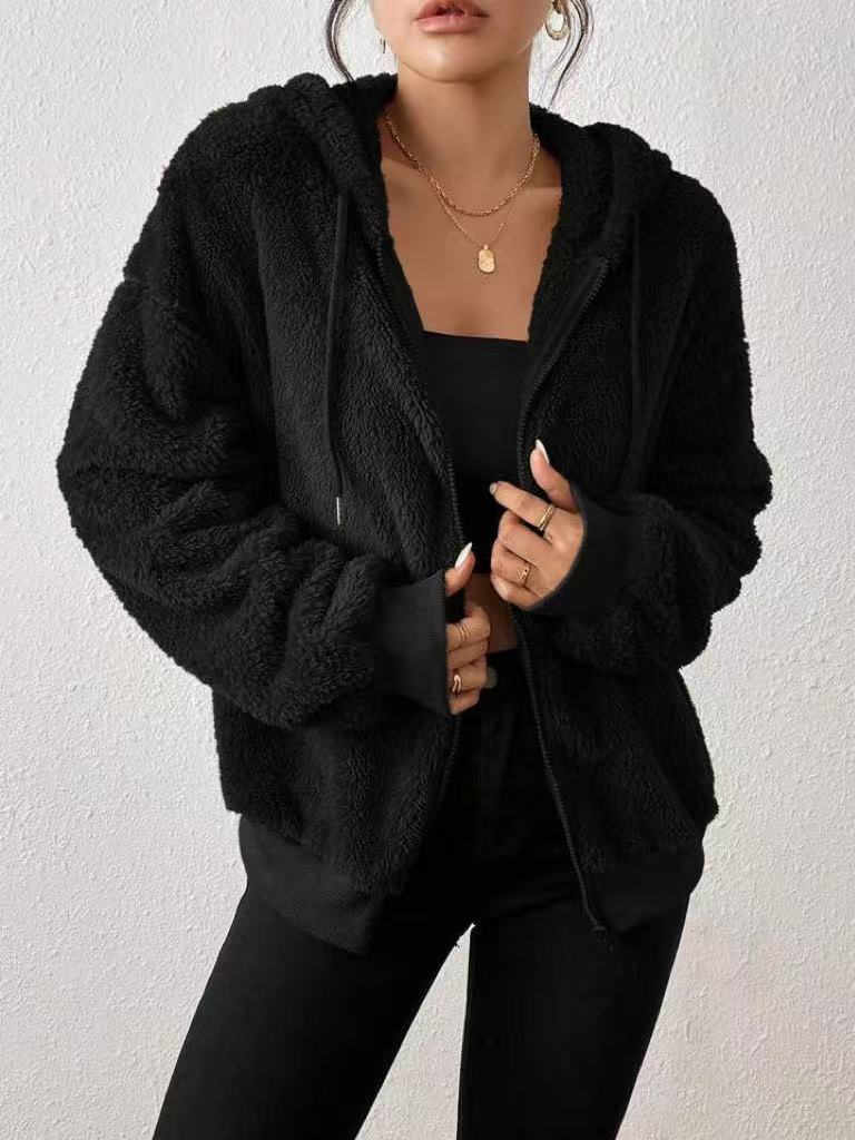 Oversized Sherpa Zip Hoodie Cardigan - Black