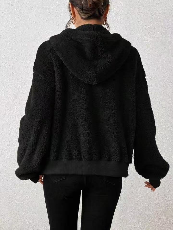 Oversized Sherpa Zip Hoodie Cardigan - Black - 1
