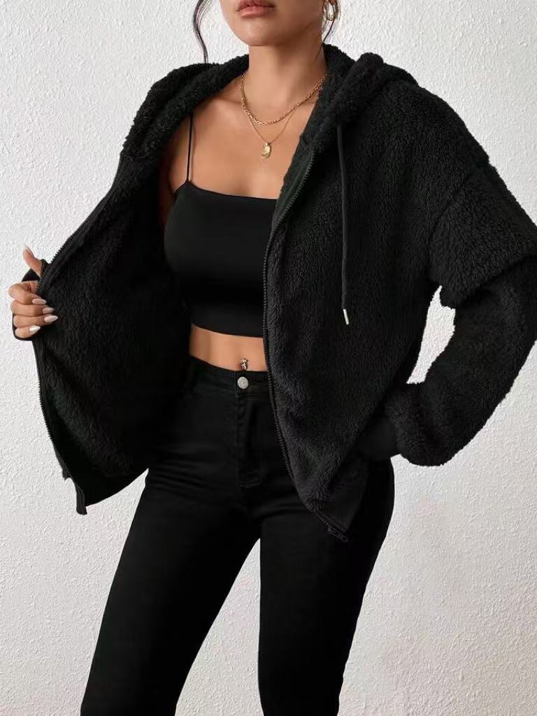 Oversized Sherpa Zip Hoodie Cardigan - Black - 2