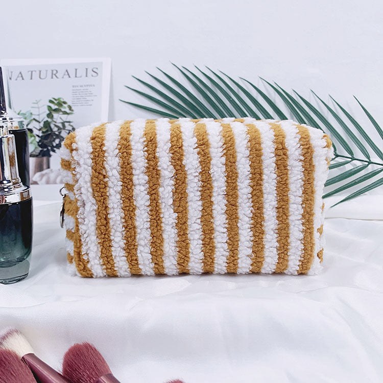Cozy Striped Fleece Cosmetic Travel Pouch - Khaki