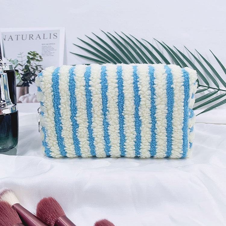 Cozy Striped Fleece Cosmetic Travel Pouch - LakeBlue