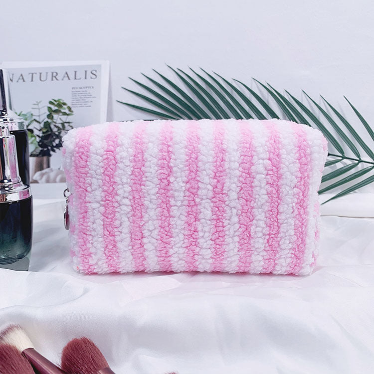 Cozy Striped Fleece Cosmetic Travel Pouch - Pink - 1