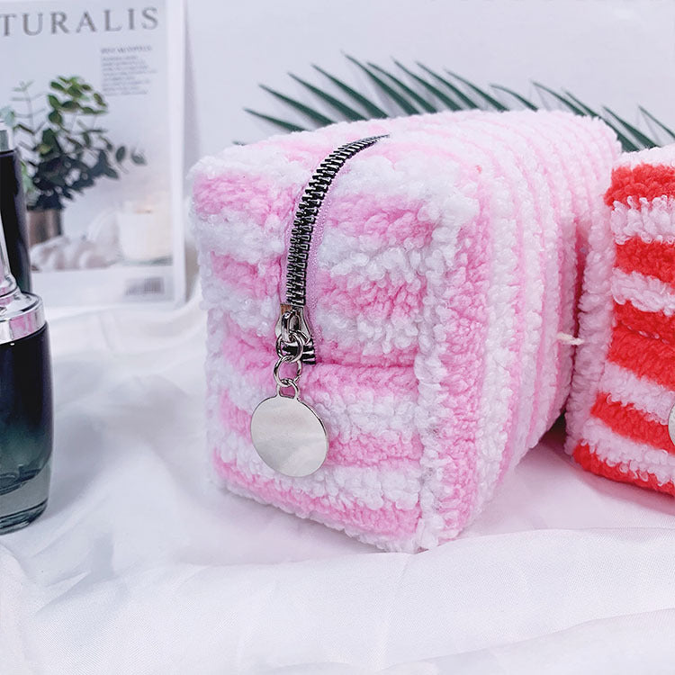 Cozy Striped Fleece Cosmetic Travel Pouch - Pink - 2