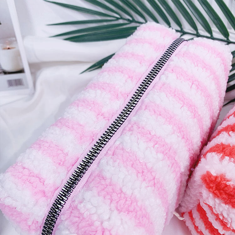 Cozy Striped Fleece Cosmetic Travel Pouch - Pink - 3
