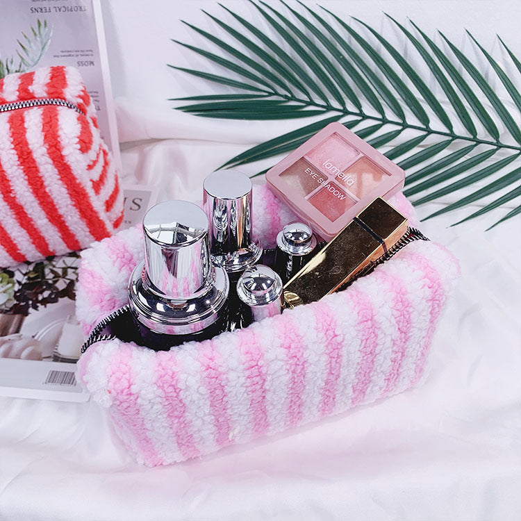 Cozy Striped Fleece Cosmetic Travel Pouch - Pink - 4