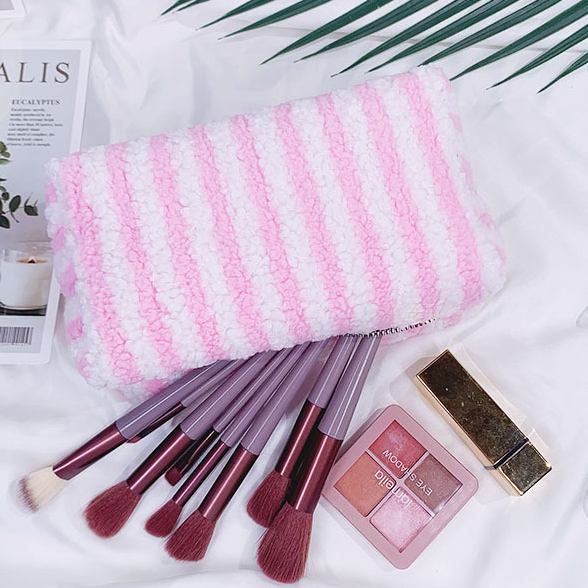 Cozy Striped Fleece Cosmetic Travel Pouch - Pink - 5