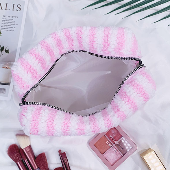 Cozy Striped Fleece Cosmetic Travel Pouch - Pink - 6