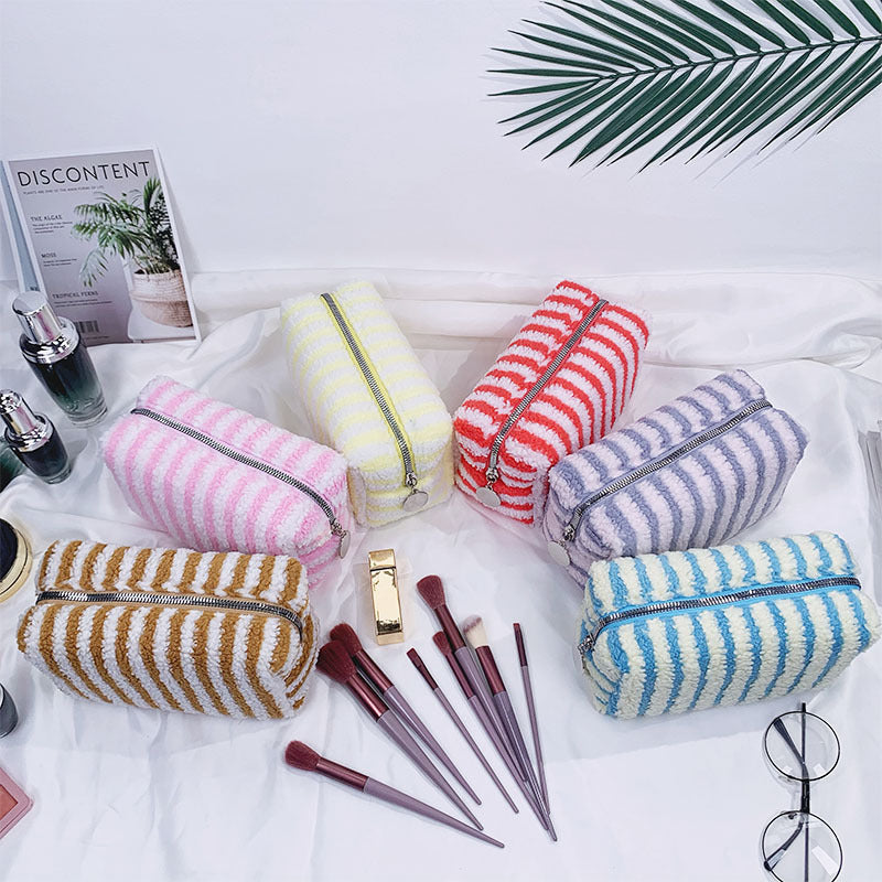 Cozy Striped Fleece Cosmetic Travel Pouch - Pink - 7