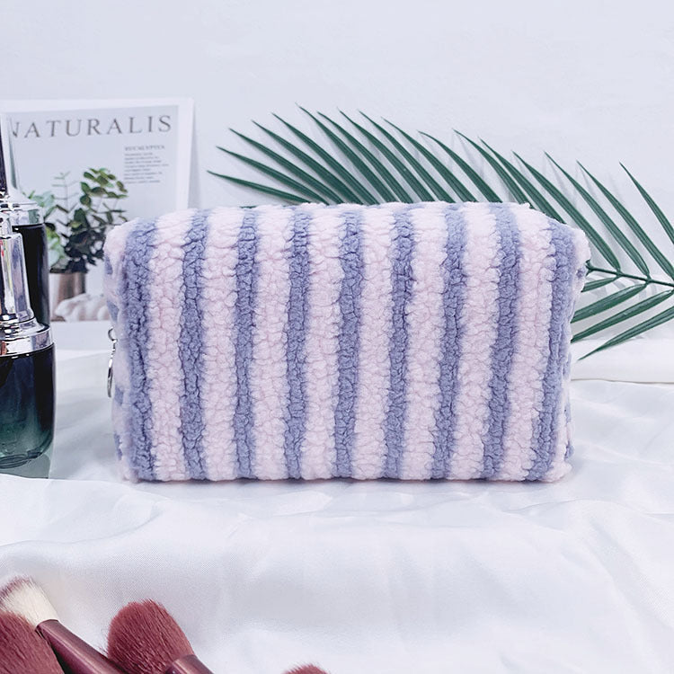 Cozy Striped Fleece Cosmetic Travel Pouch - Purple