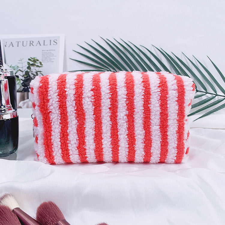 Cozy Striped Fleece Cosmetic Travel Pouch - Red
