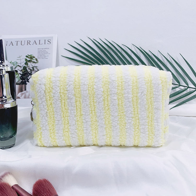 Cozy Striped Fleece Cosmetic Travel Pouch - Yellow