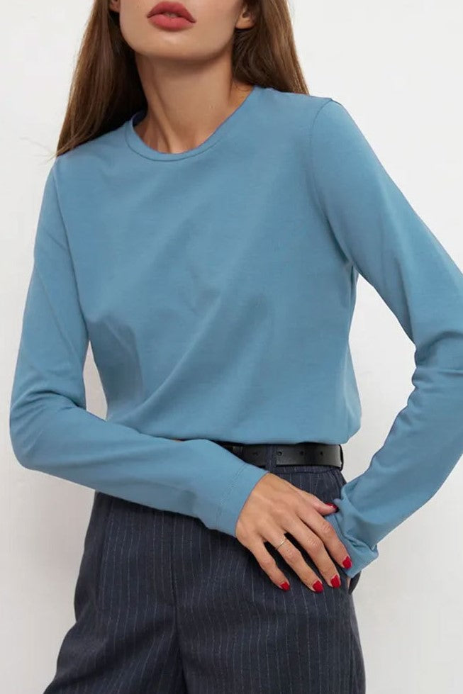 Long Sleeve Crewneck Cotton Tee - Blue