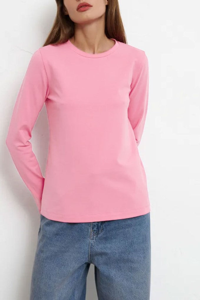 Long Sleeve Crewneck Cotton Tee - Pink - 1