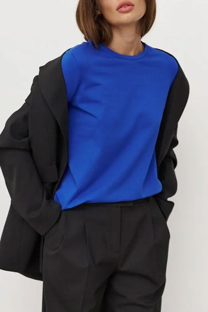 Long Sleeve Crewneck Cotton Tee - Royal - 2