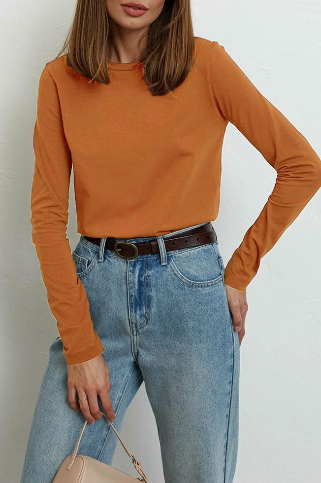 Long Sleeve Crewneck Cotton Tee - Rust