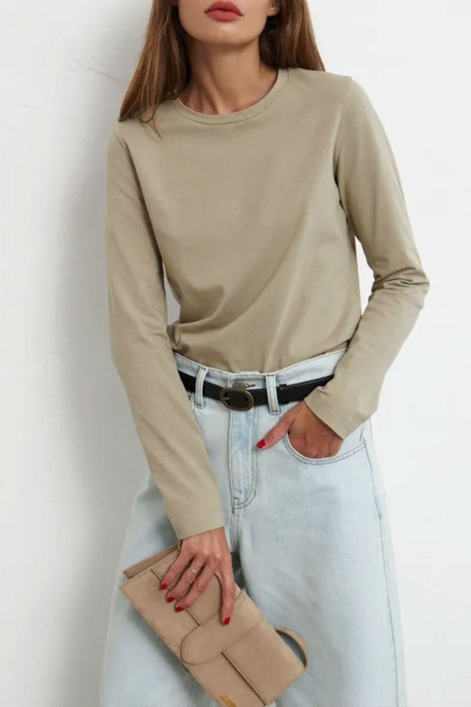 Long Sleeve Crewneck Cotton Tee - Sage