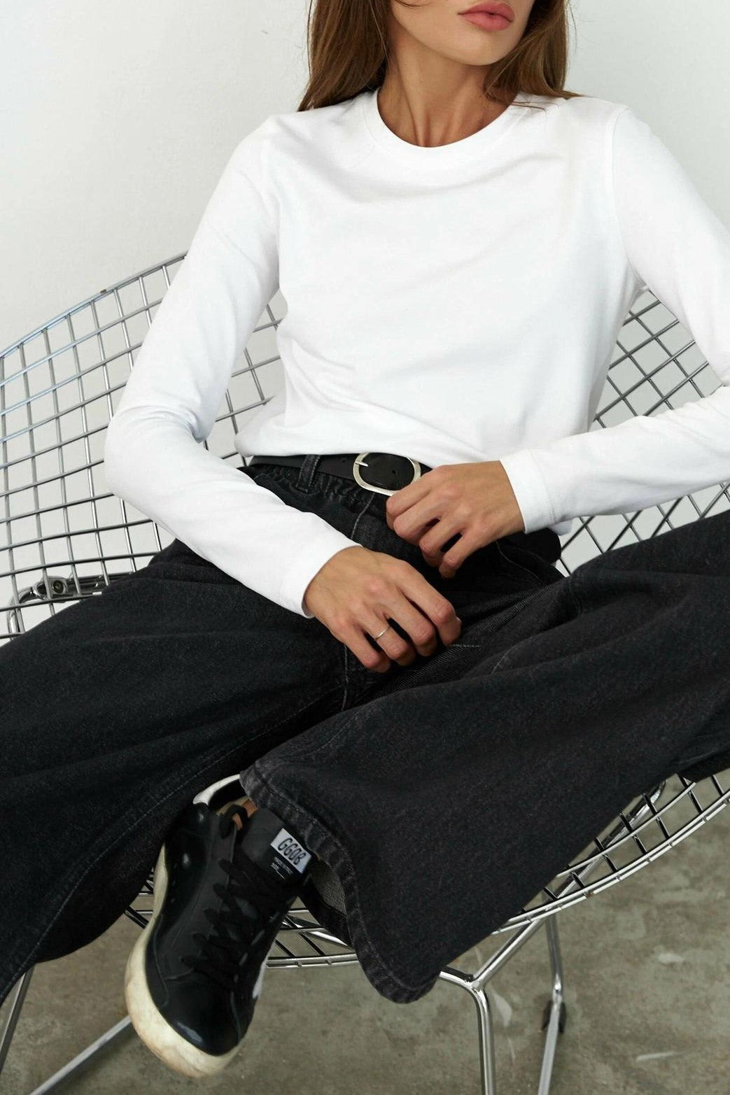 Long Sleeve Crewneck Cotton Tee - White - 2