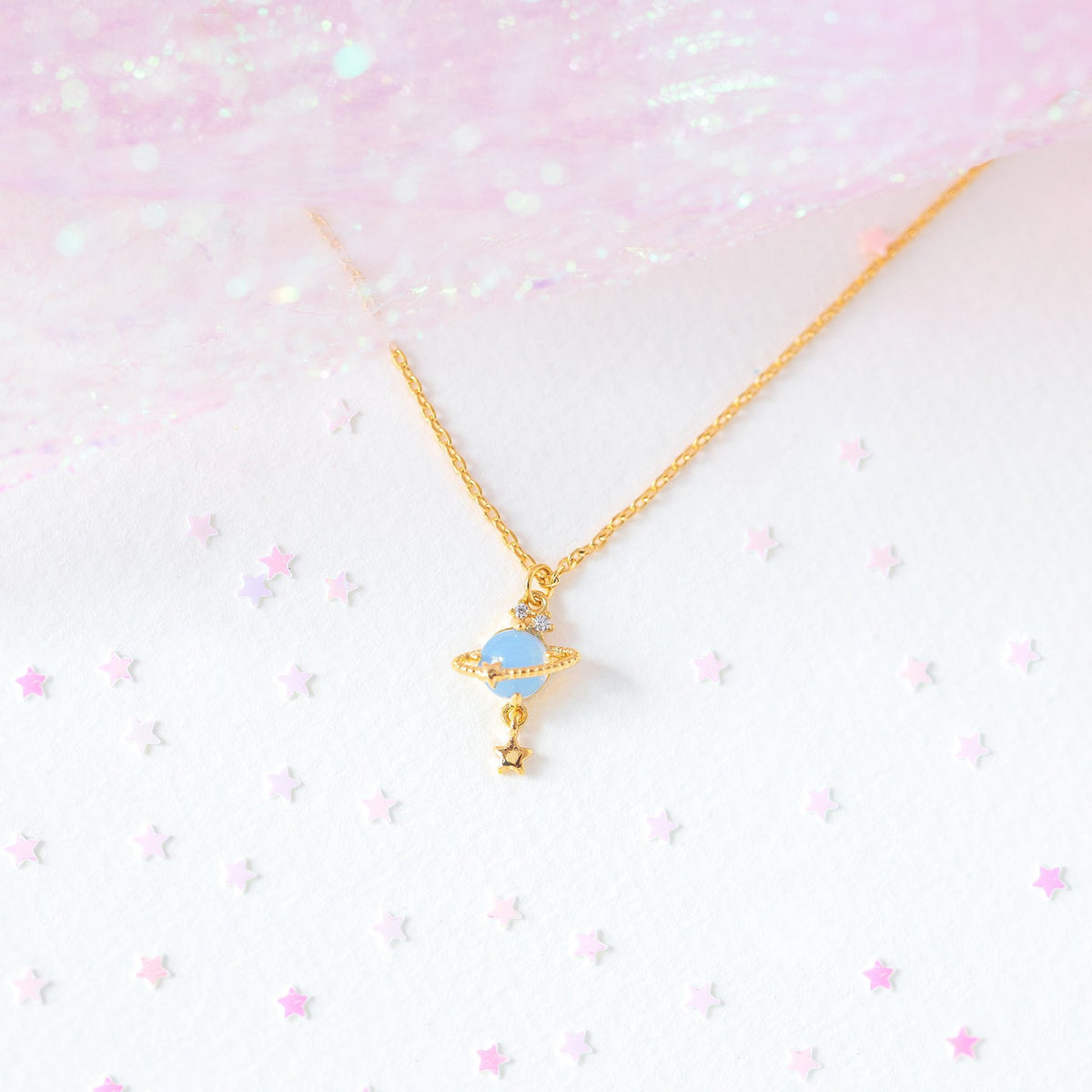 Ringed Planet Charm Pendant Necklace - Blue - 1