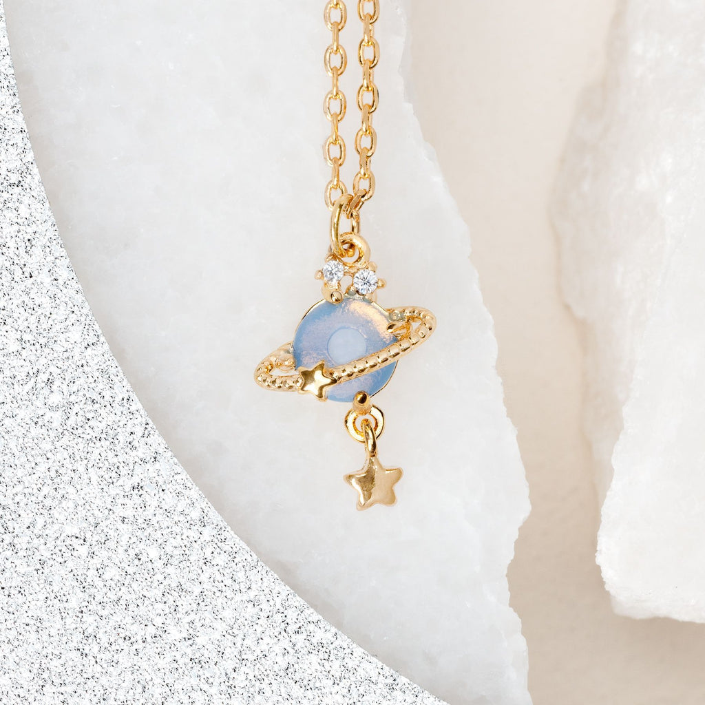Ringed Planet Charm Pendant Necklace - Blue - 2