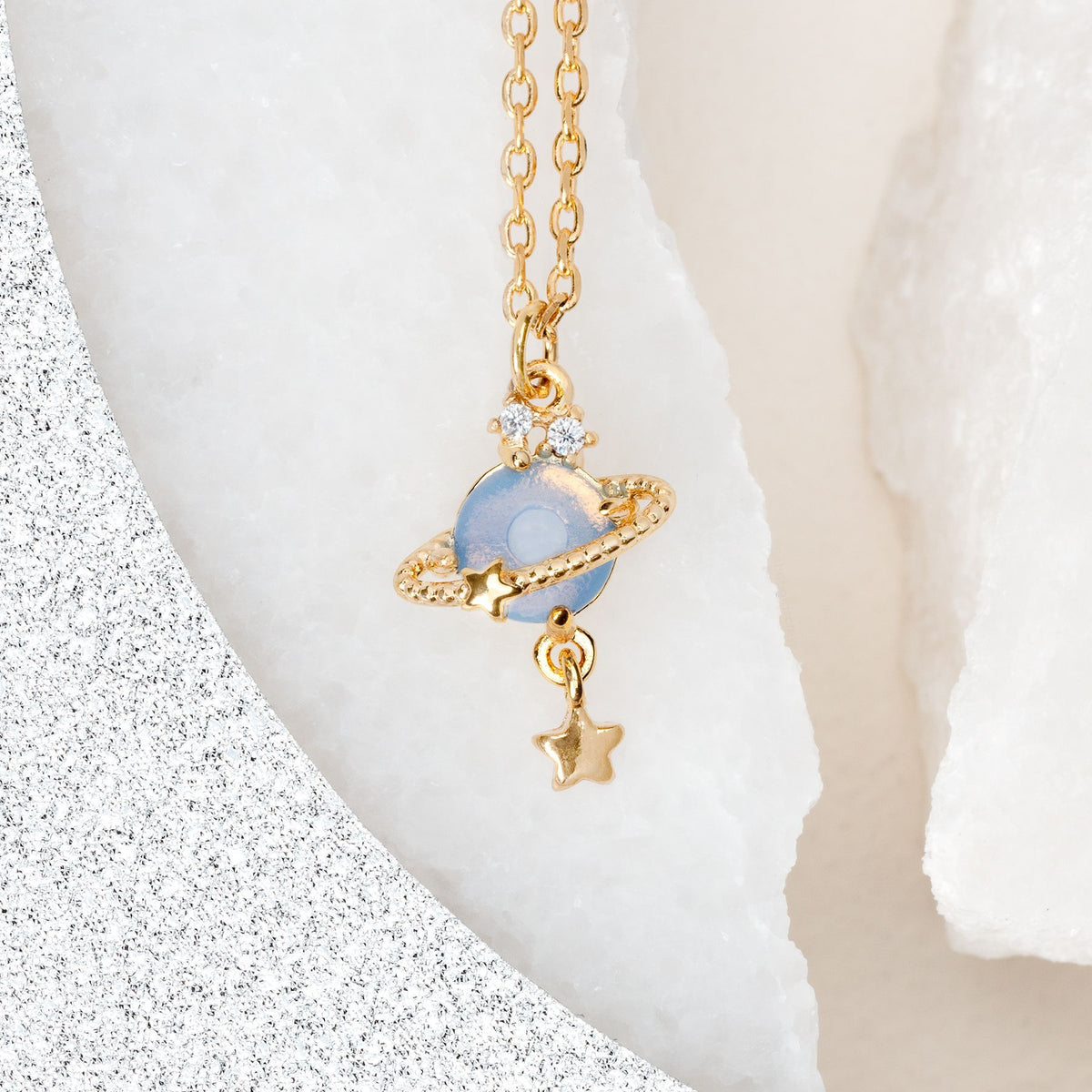 Ringed Planet Charm Pendant Necklace - Blue - 2