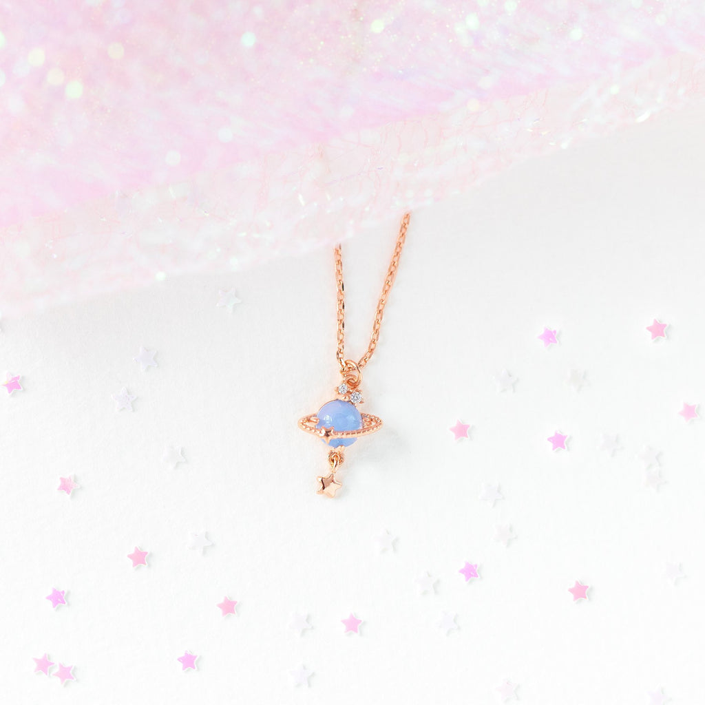 Ringed Planet Charm Pendant Necklace - BlueGold - 1