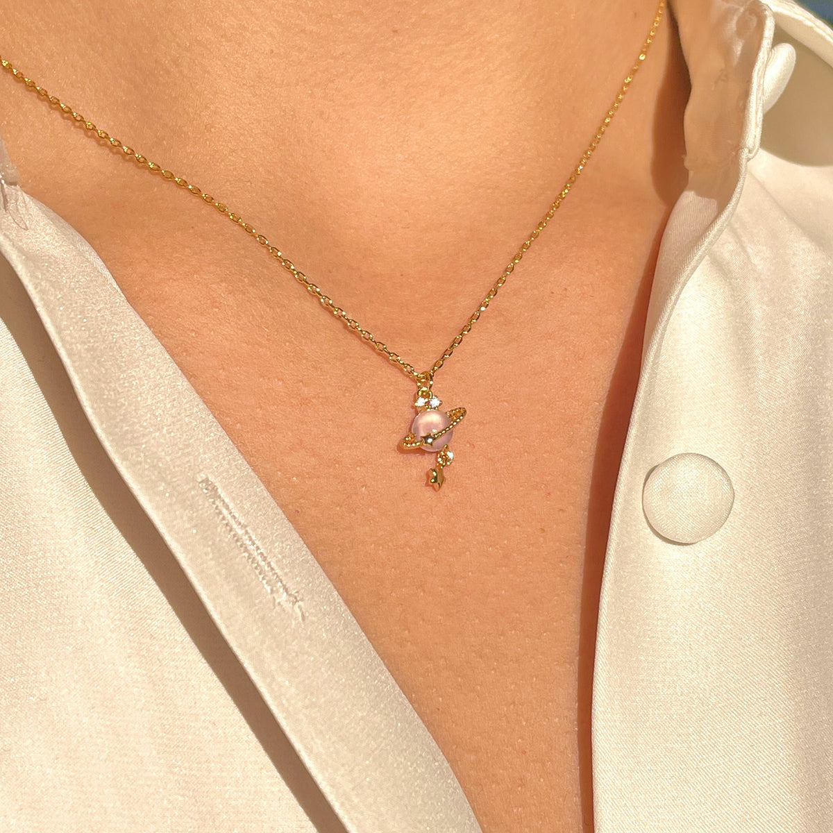 Ringed Planet Charm Pendant Necklace - Pink - 2