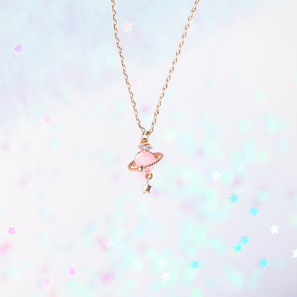 Ringed Planet Charm Pendant Necklace - PinkGold - 1