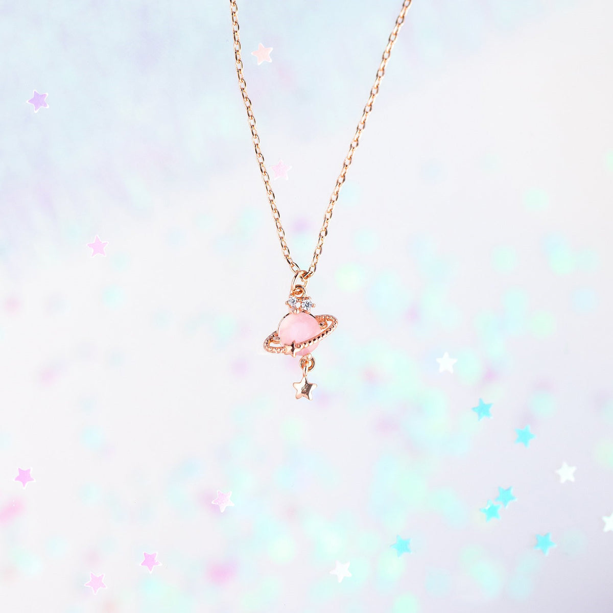 Ringed Planet Charm Pendant Necklace - PinkGold - 1