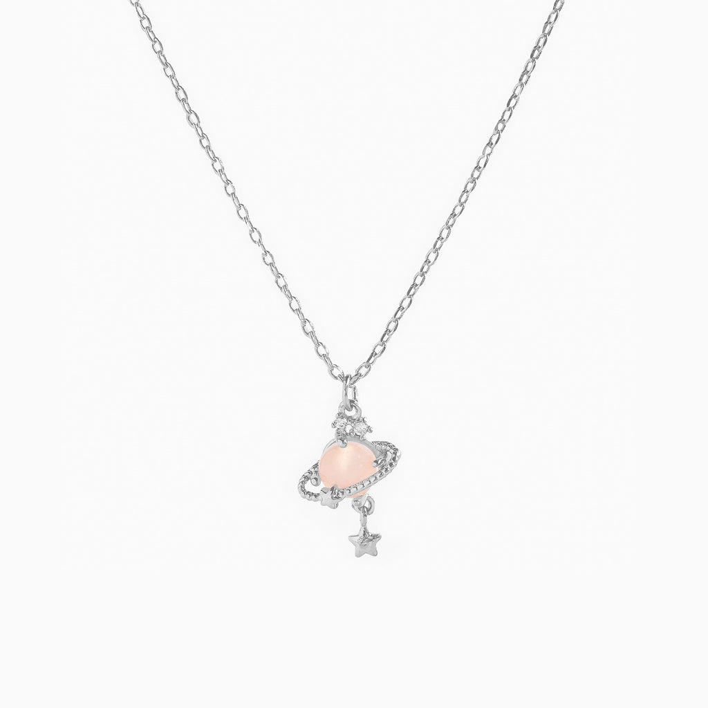 Ringed Planet Charm Pendant Necklace - PinkWhite
