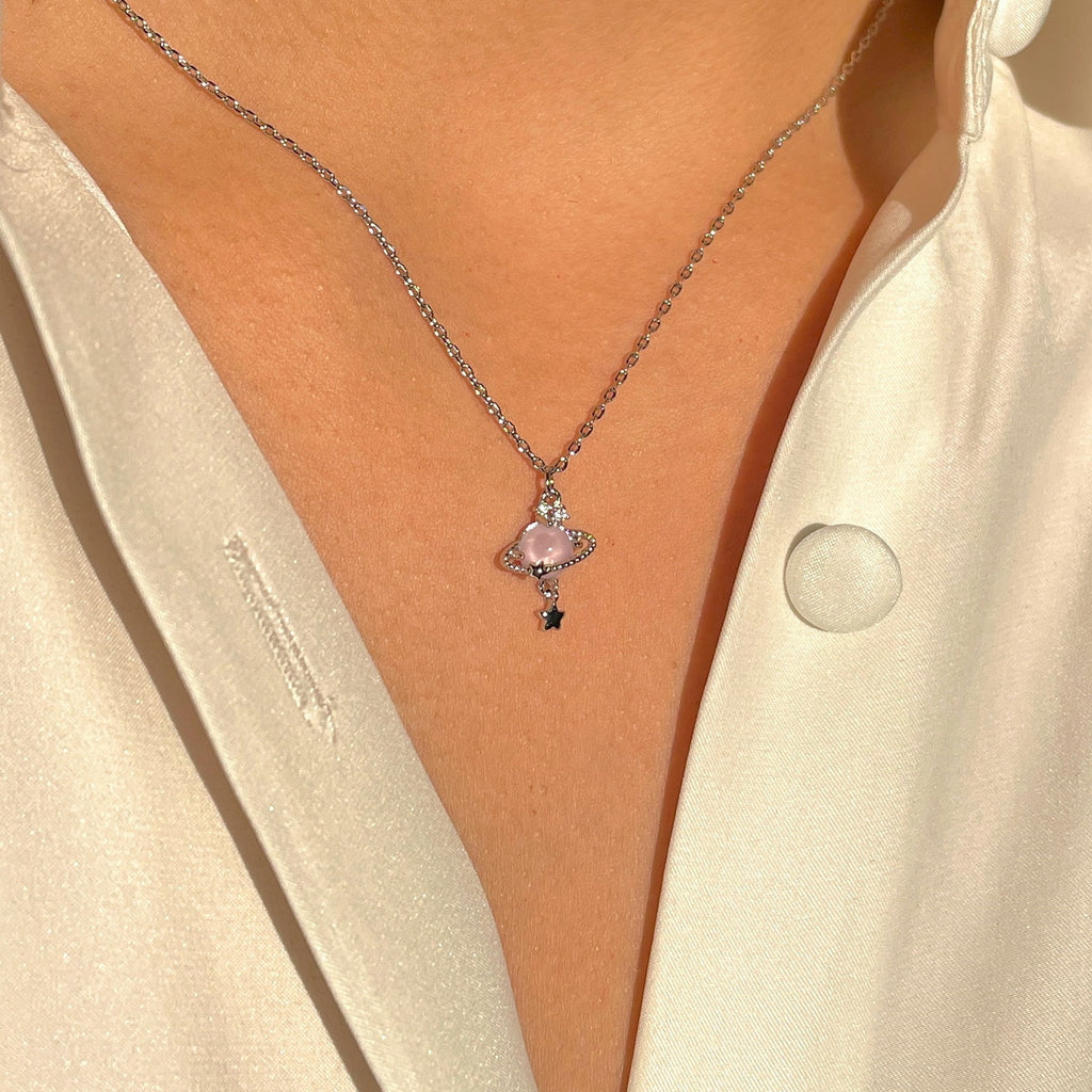 Ringed Planet Charm Pendant Necklace - PinkWhite - 1