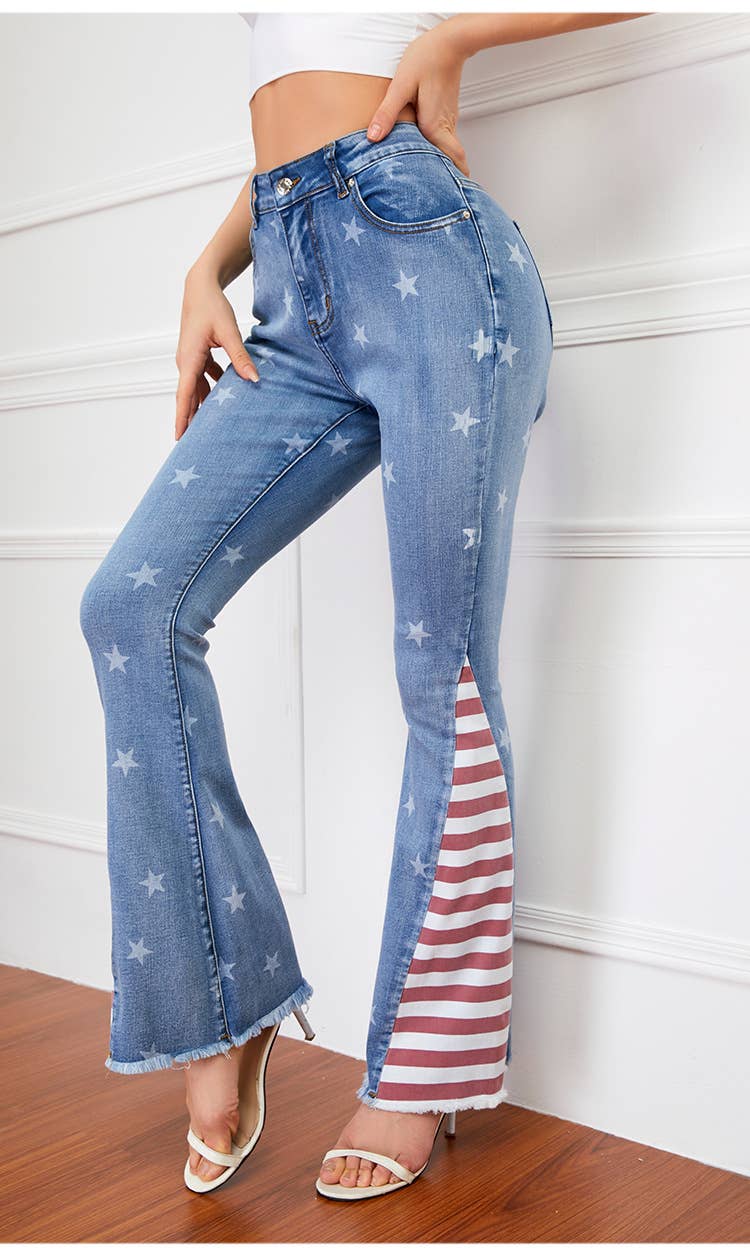 Star Print Flare Jeans With Striped Panels