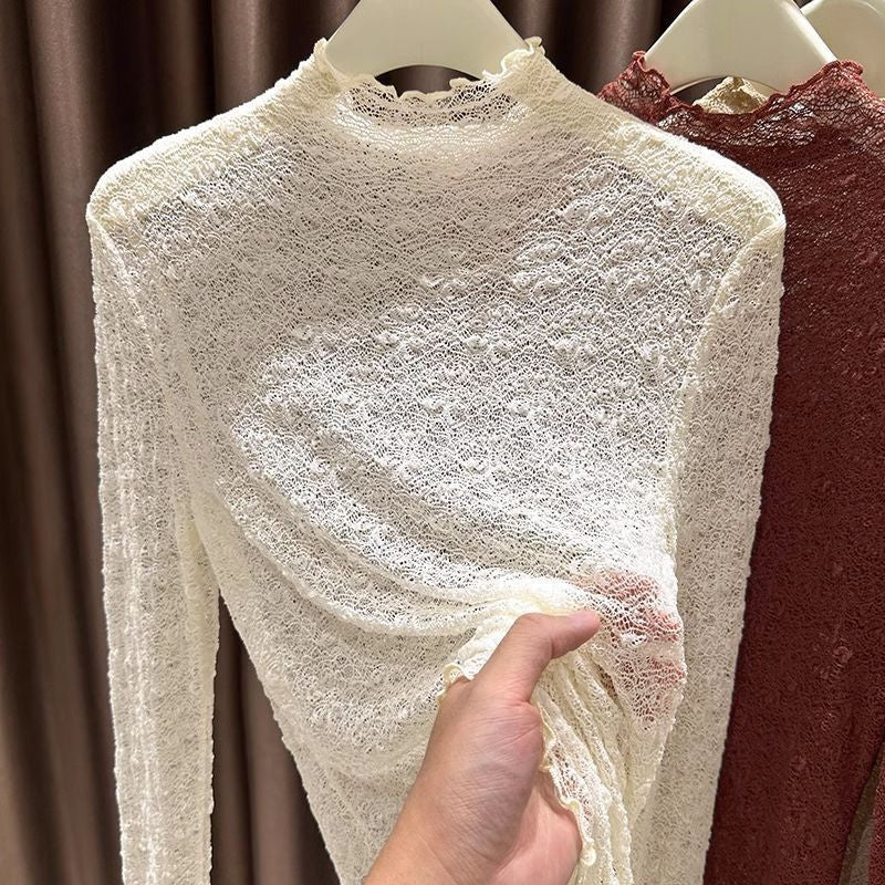 Ruffle Trim Mock Neck Lace Top - Beige - 1