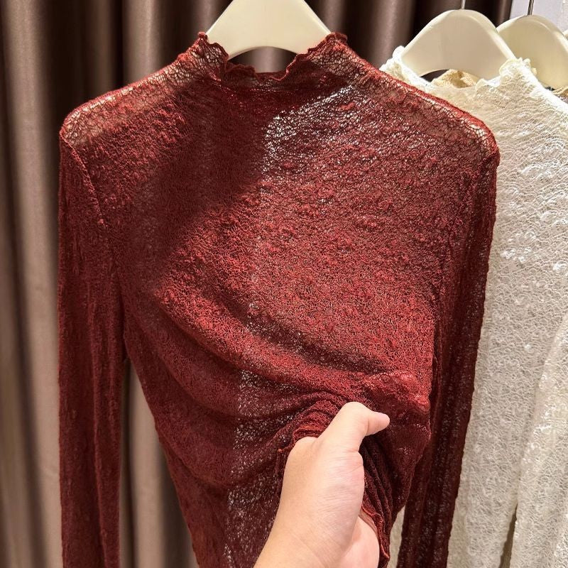 Ruffle Trim Mock Neck Lace Top - Burgundy - 1
