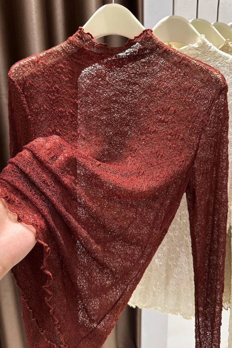 Ruffle Trim Mock Neck Lace Top - Burgundy - 2