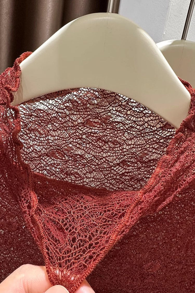 Ruffle Trim Mock Neck Lace Top - Burgundy - 3