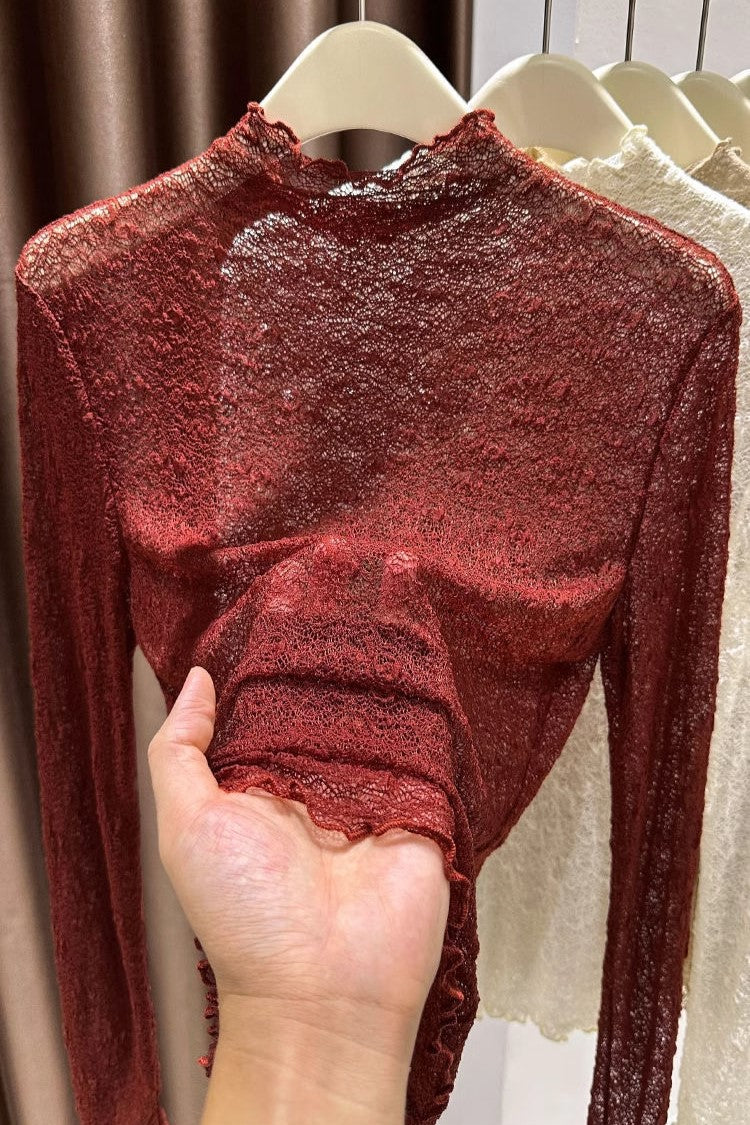 Ruffle Trim Mock Neck Lace Top - Burgundy - 7