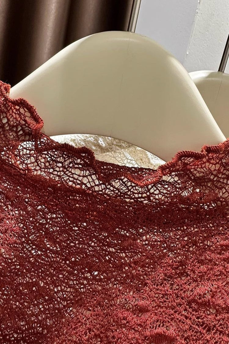 Ruffle Trim Mock Neck Lace Top - Burgundy - 8