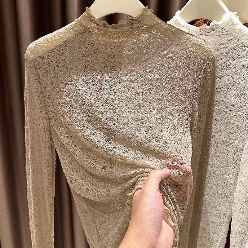 Ruffle Trim Mock Neck Lace Top - Taupe - 1