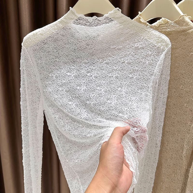 Ruffle Trim Mock Neck Lace Top - white - 1