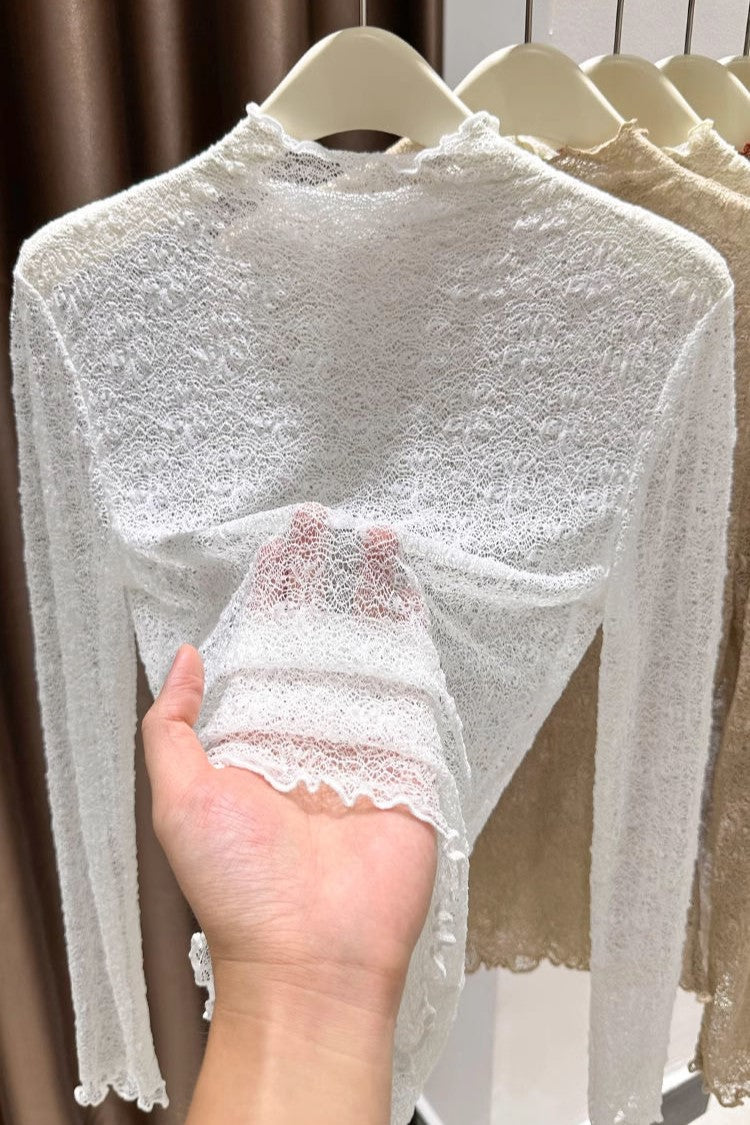 Ruffle Trim Mock Neck Lace Top - white - 2