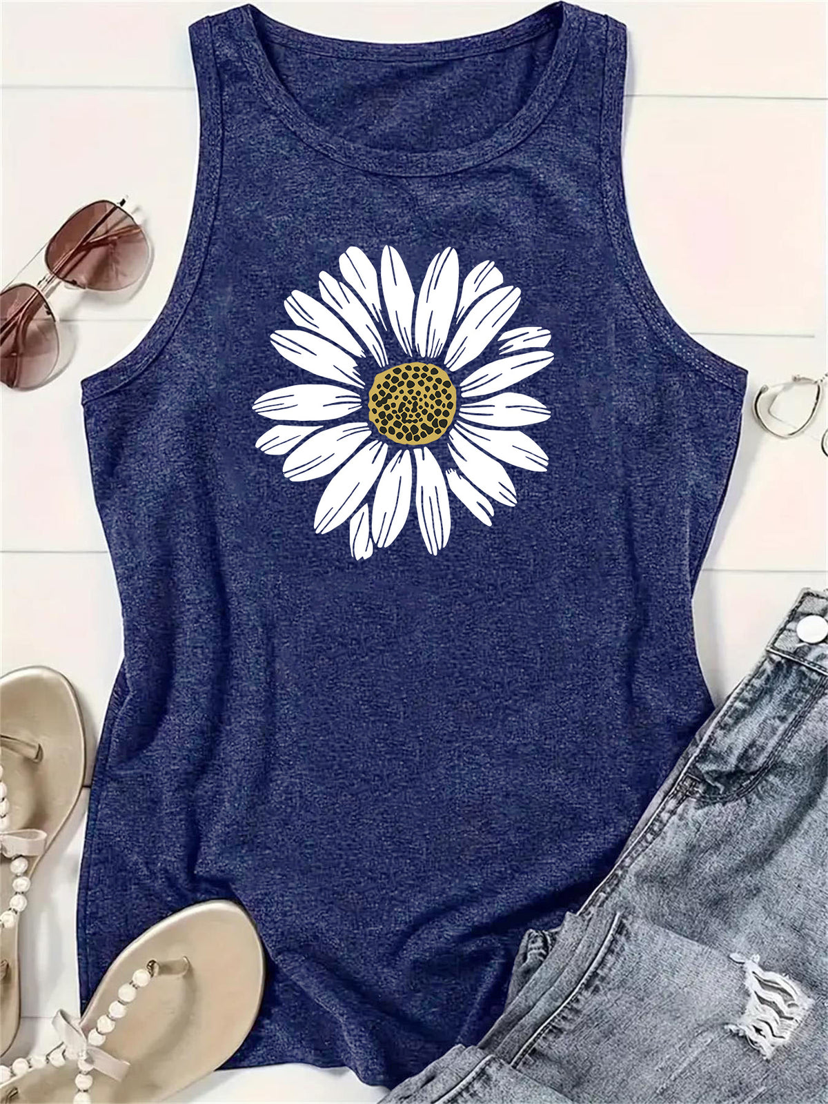 Daisy Bloom Graphic Sleeveless Tank Top - Blue - 1