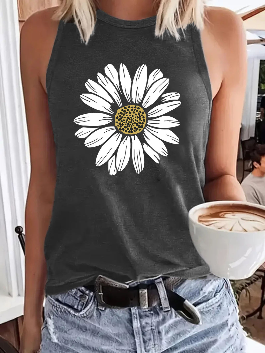 Daisy Bloom Graphic Sleeveless Tank Top - Grey