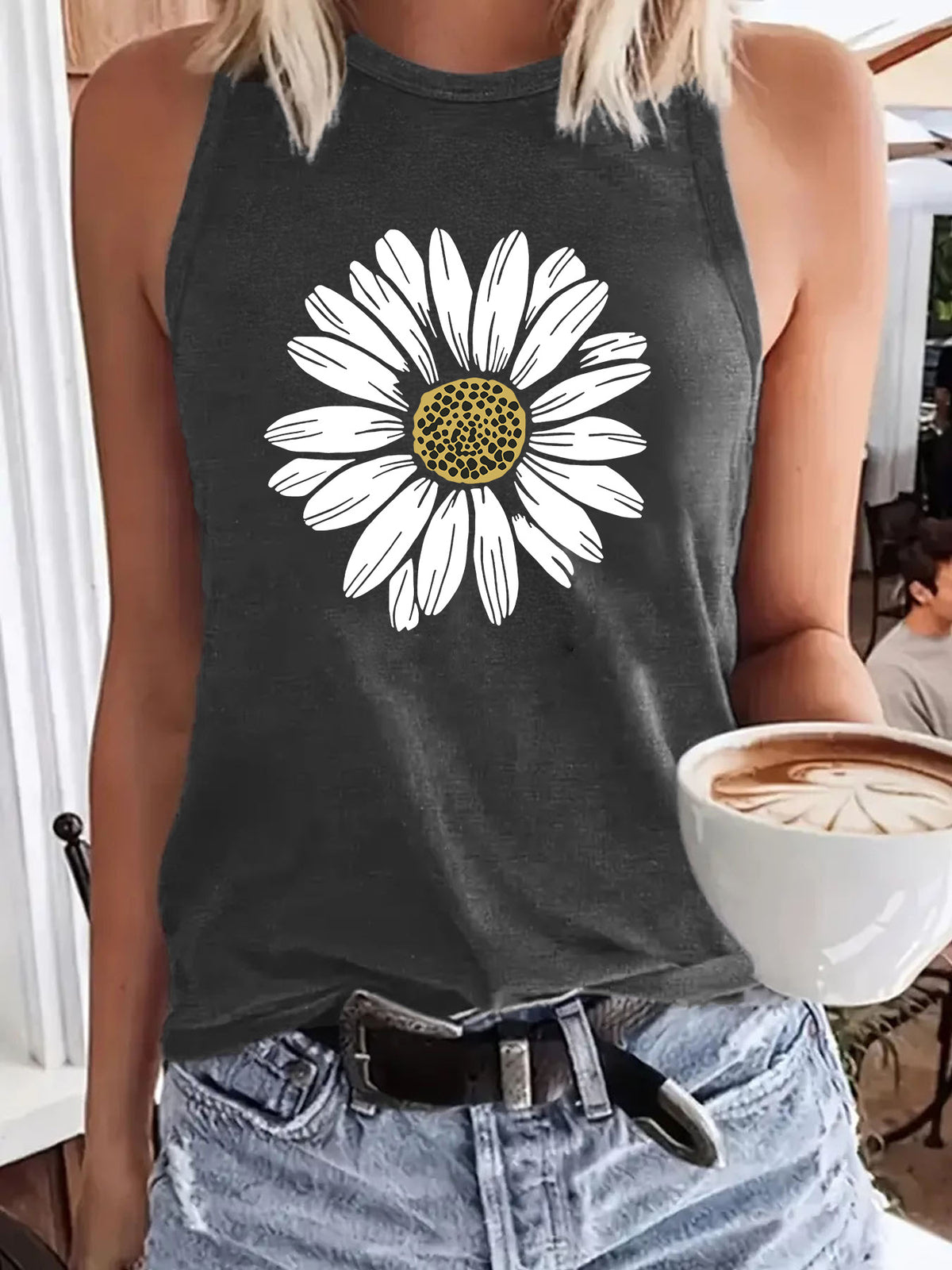 Daisy Bloom Graphic Sleeveless Tank Top - Grey