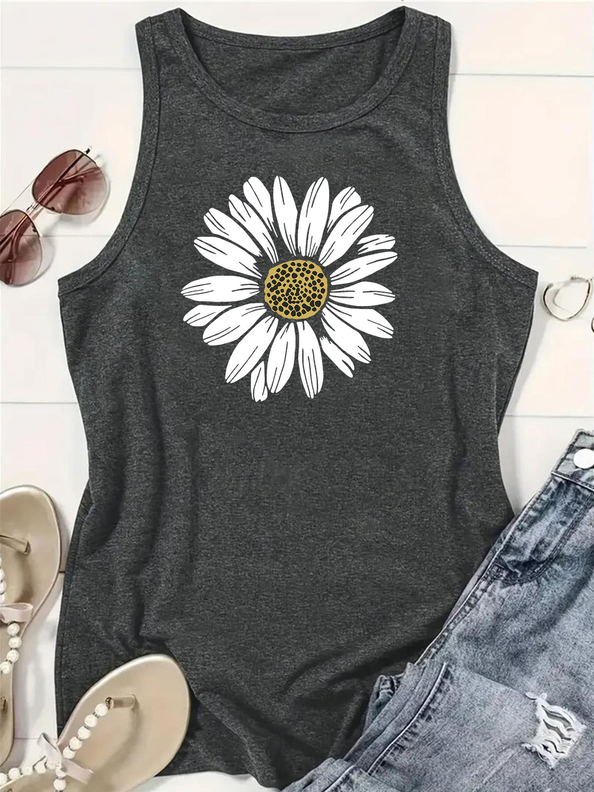 Daisy Bloom Graphic Sleeveless Tank Top - Grey - 1