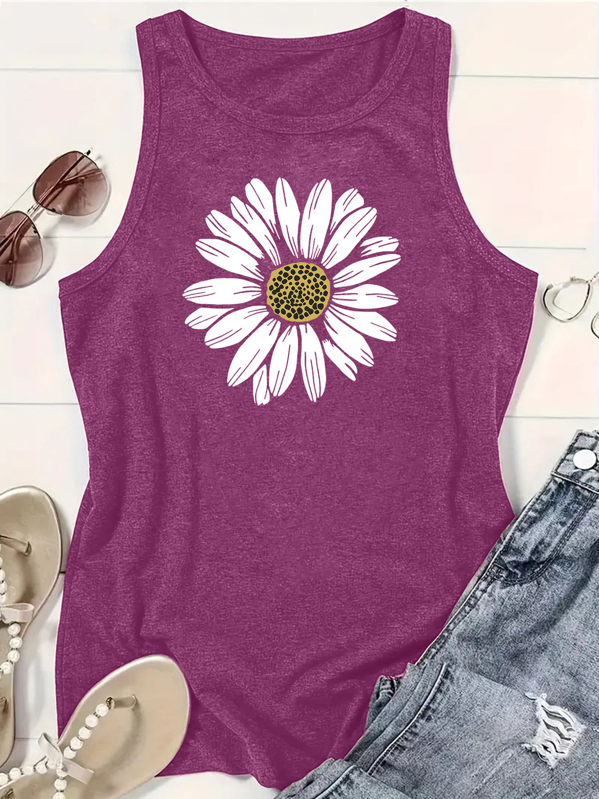 Daisy Bloom Graphic Sleeveless Tank Top - Purple - 1