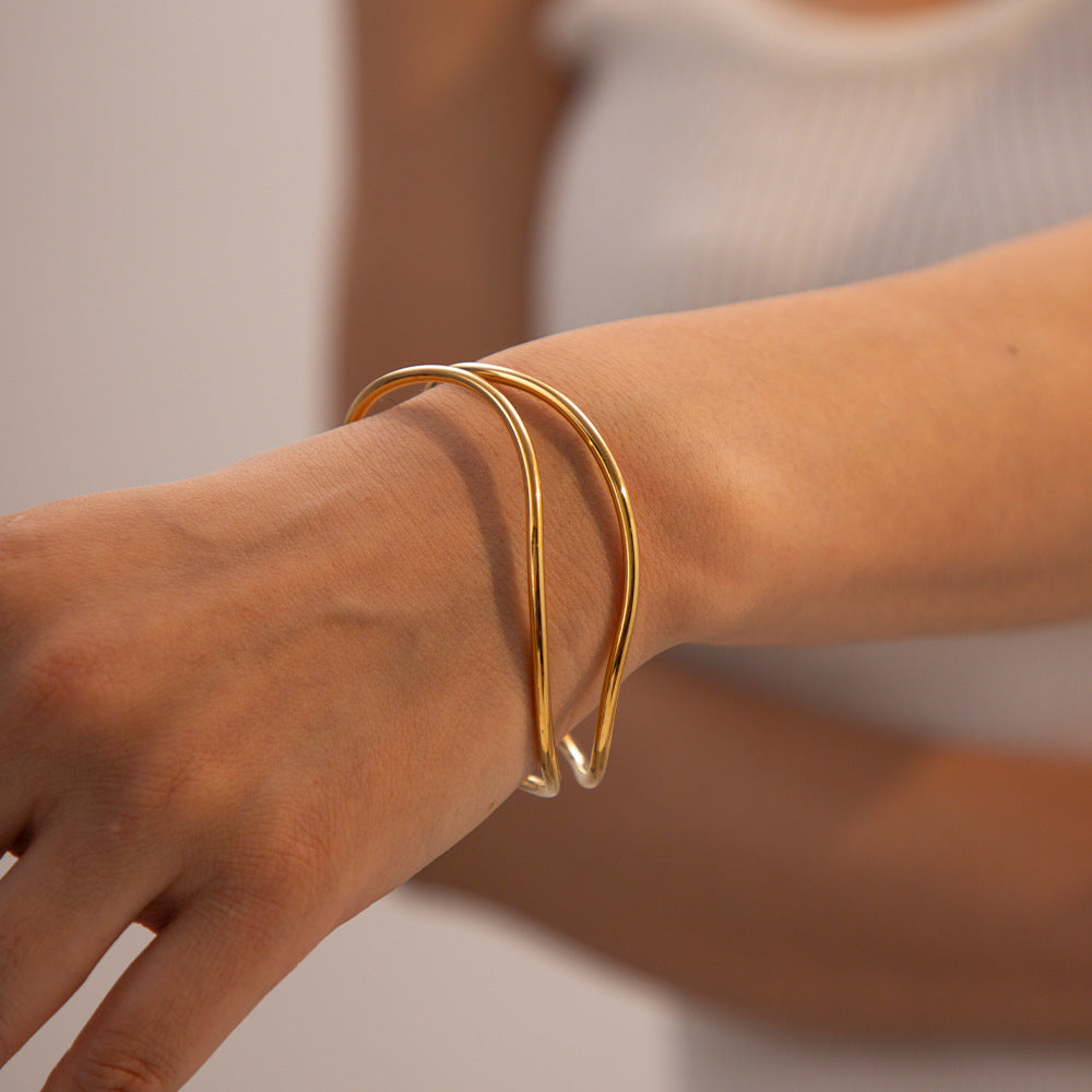 Open Wave Wire Cuff Bracelet - Gold - 1