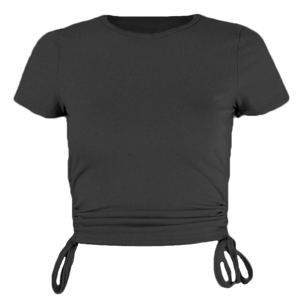 Side Ruched Drawstring Crop Tee - Black